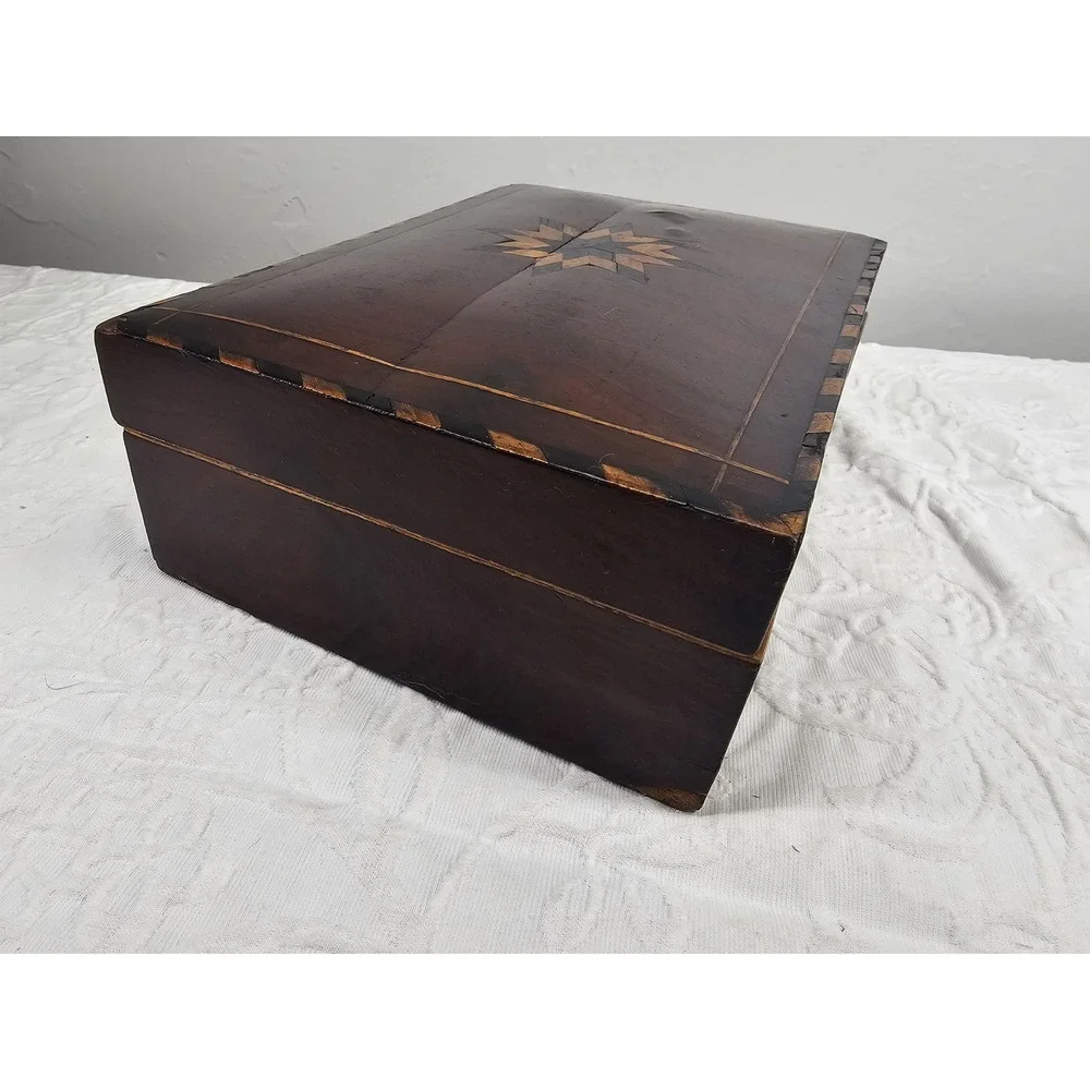 Antique Wooden Keepsake Box‎ Star Inlay Jewelry Trinket Storage Chest 1900s